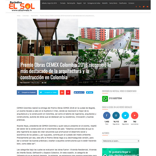 Premio Obras CEMEX Colombia 2018 – Periódico El Sol